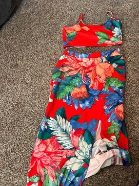 SHEIN Red Floral Maxi Skirt Two-Piece Set